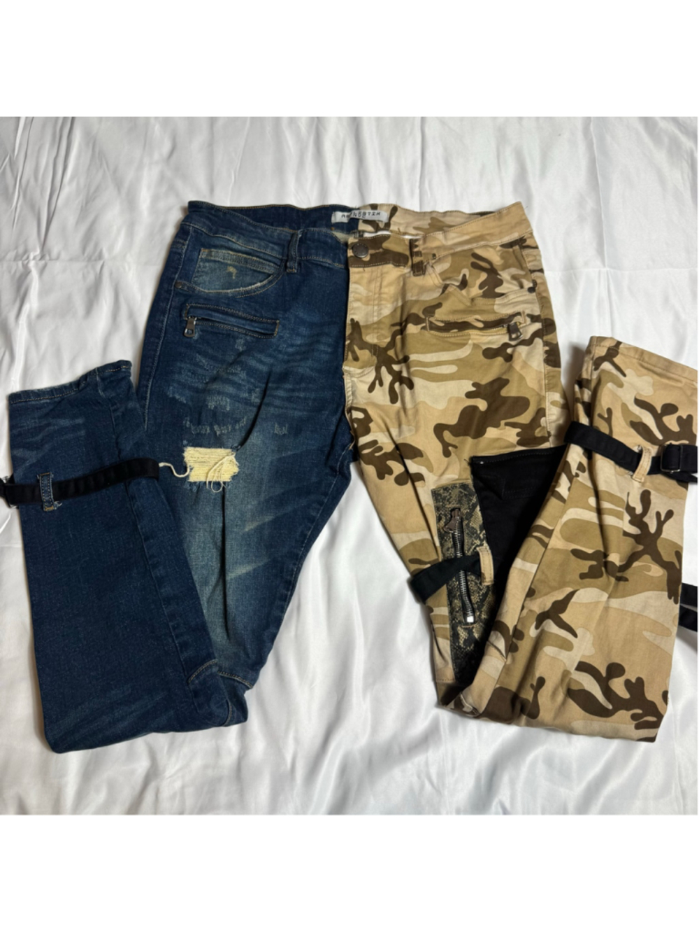 Men's Reelistik NYC Cargo Pants Waist 36 Blue Beige Split Leg - Picture 2 of 8